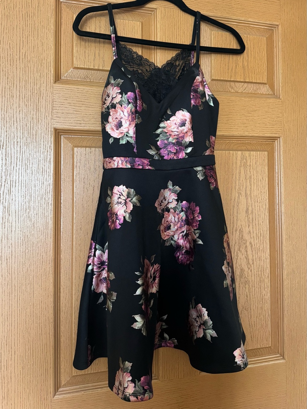 Black Dress with Pink and Mauve Floral Print and Lace Trim